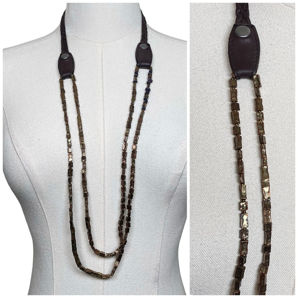 Vintage Braided Leather Layered Beaded Necklace Brown Bronze Boho Statement